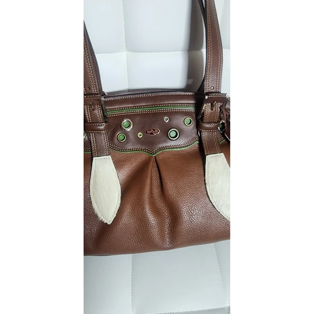 M&H Brown Leather Western‎ Shoulder Bag Cowhide Accents Green Piping Satchel